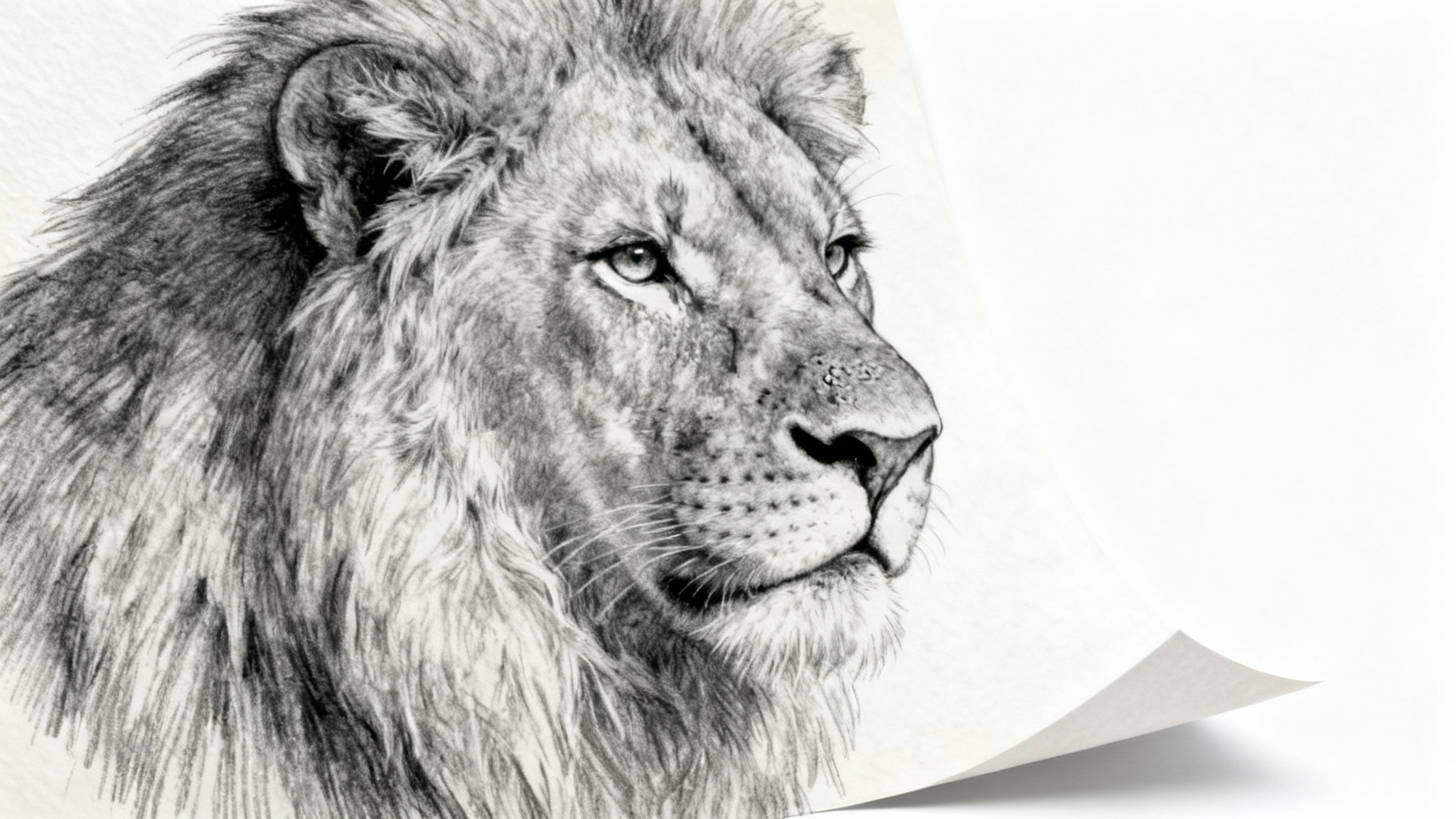 A highly detailed and realistic pencil sketch of a lion's head on a piece of art paper, set against a plain white background.