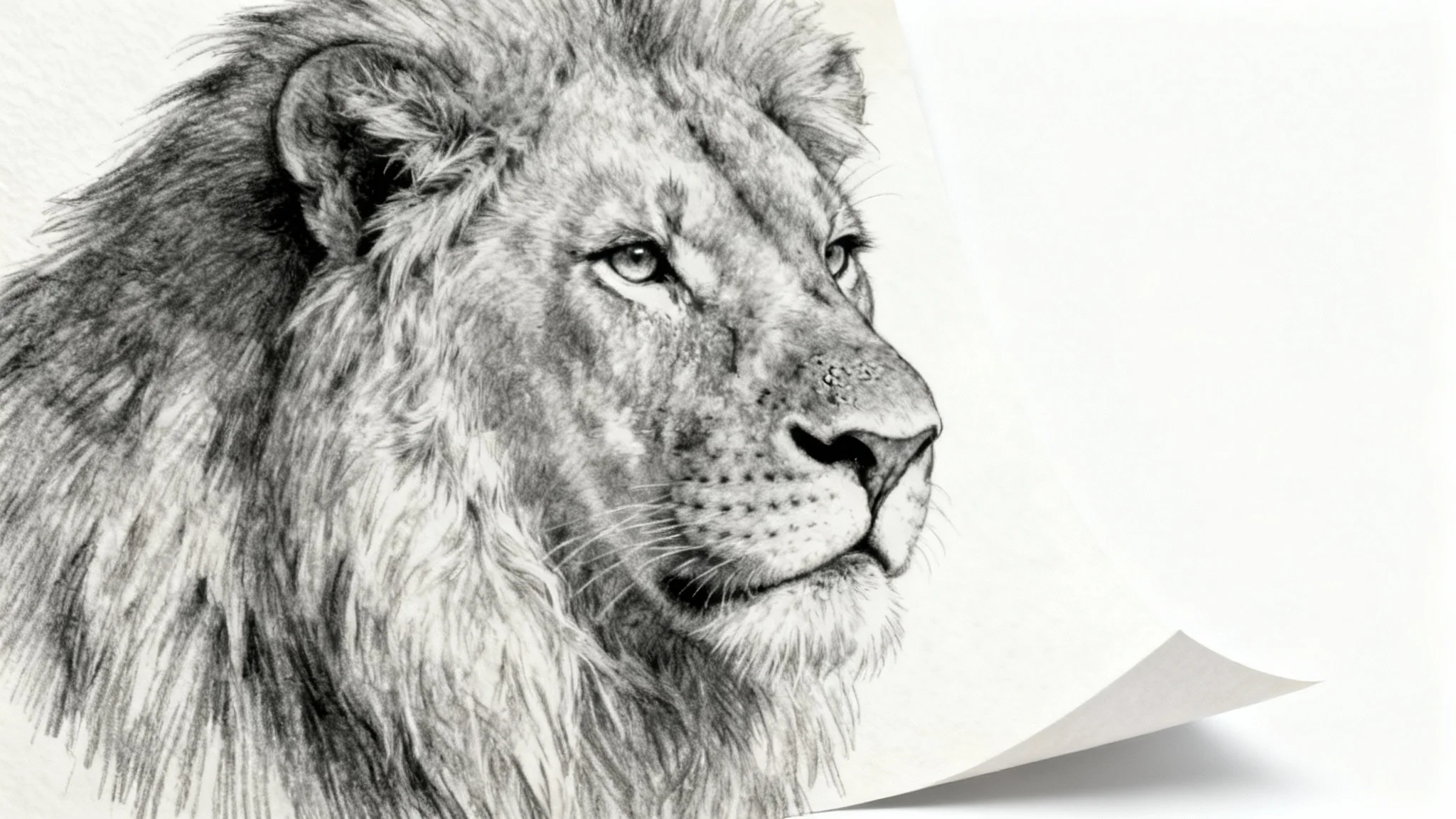 A highly detailed and realistic pencil sketch of a lion's head on a piece of art paper, set against a plain white background.