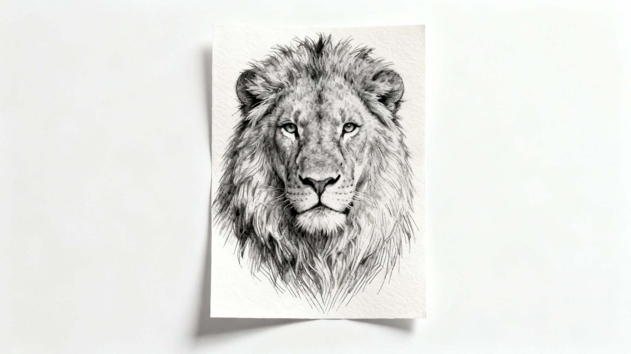 A hyper-realistic pencil sketch of a lion's head on a sheet of paper, set against a plain white background.
