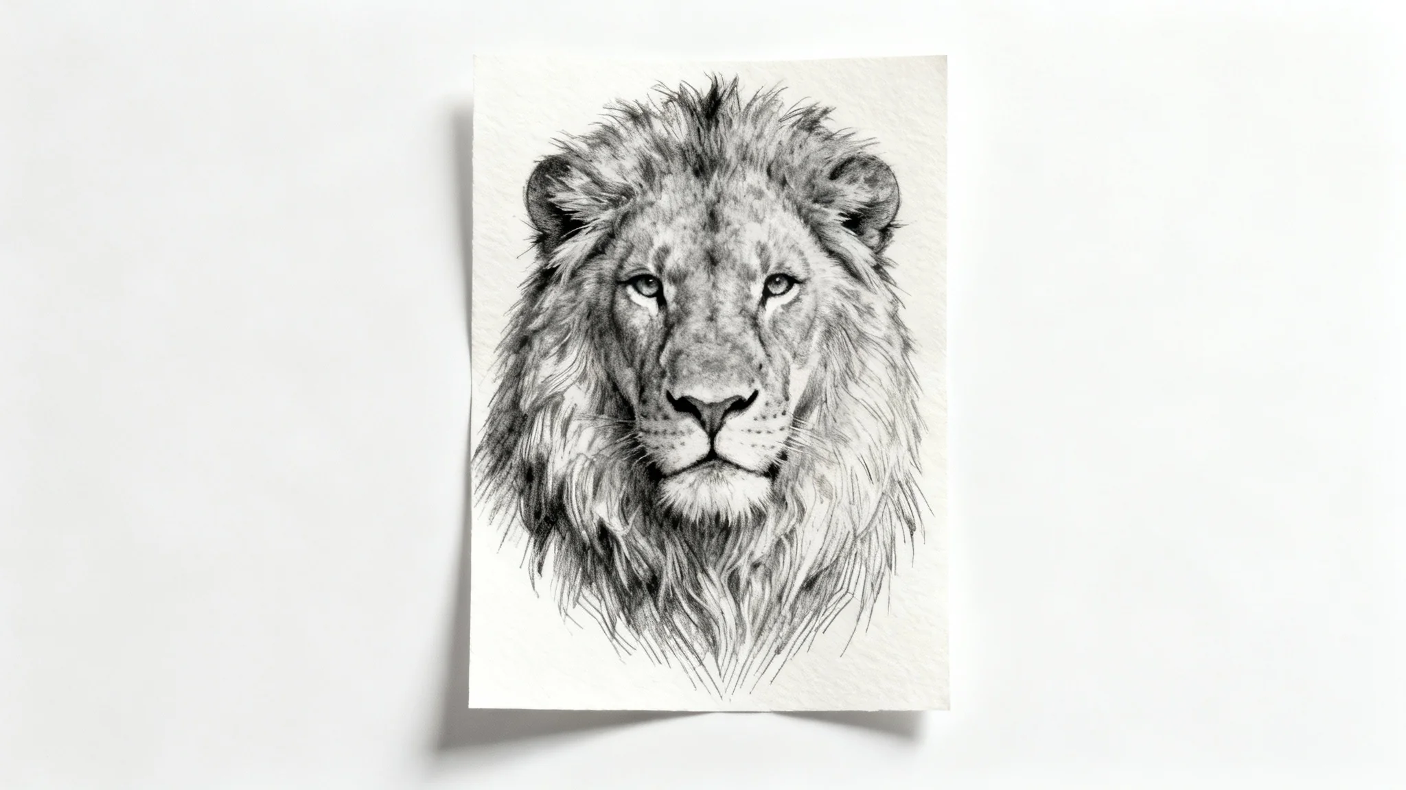 A hyper-realistic pencil sketch of a lion's head on a sheet of paper, set against a plain white background.