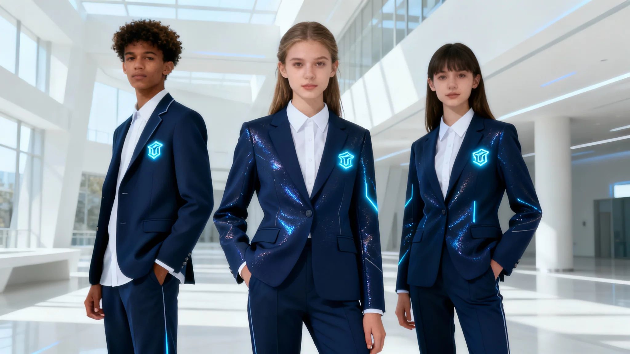 A group of three diverse students, one male and two female, confidently modeling a futuristic school uniform. The uniform consists of a tailored navy blue blazer with a glowing logo, a white shirt, and matching trousers, photographed in a professional, brightly lit environment.