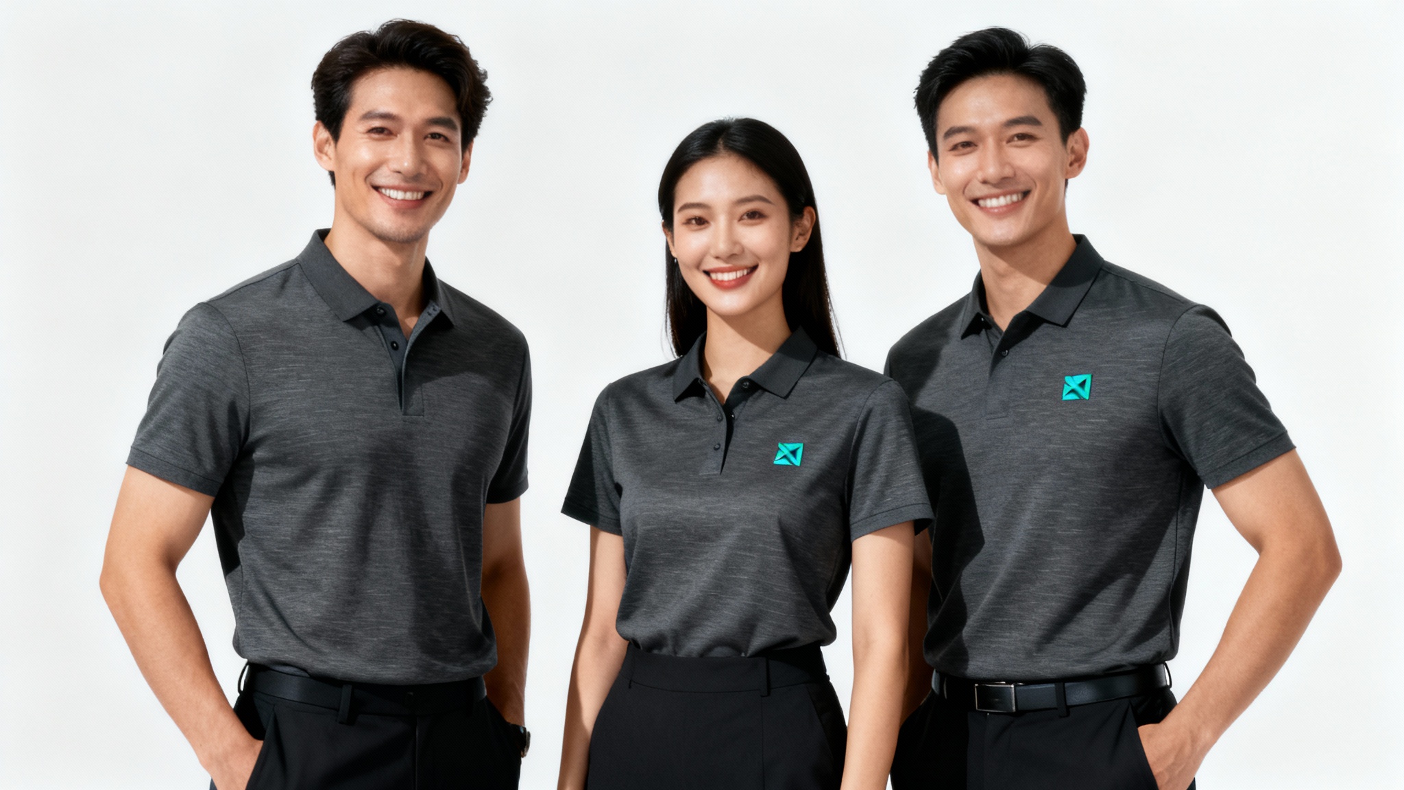A diverse team of three professionals in modern, dark gray polo shirt uniforms smiling confidently against a plain white background.