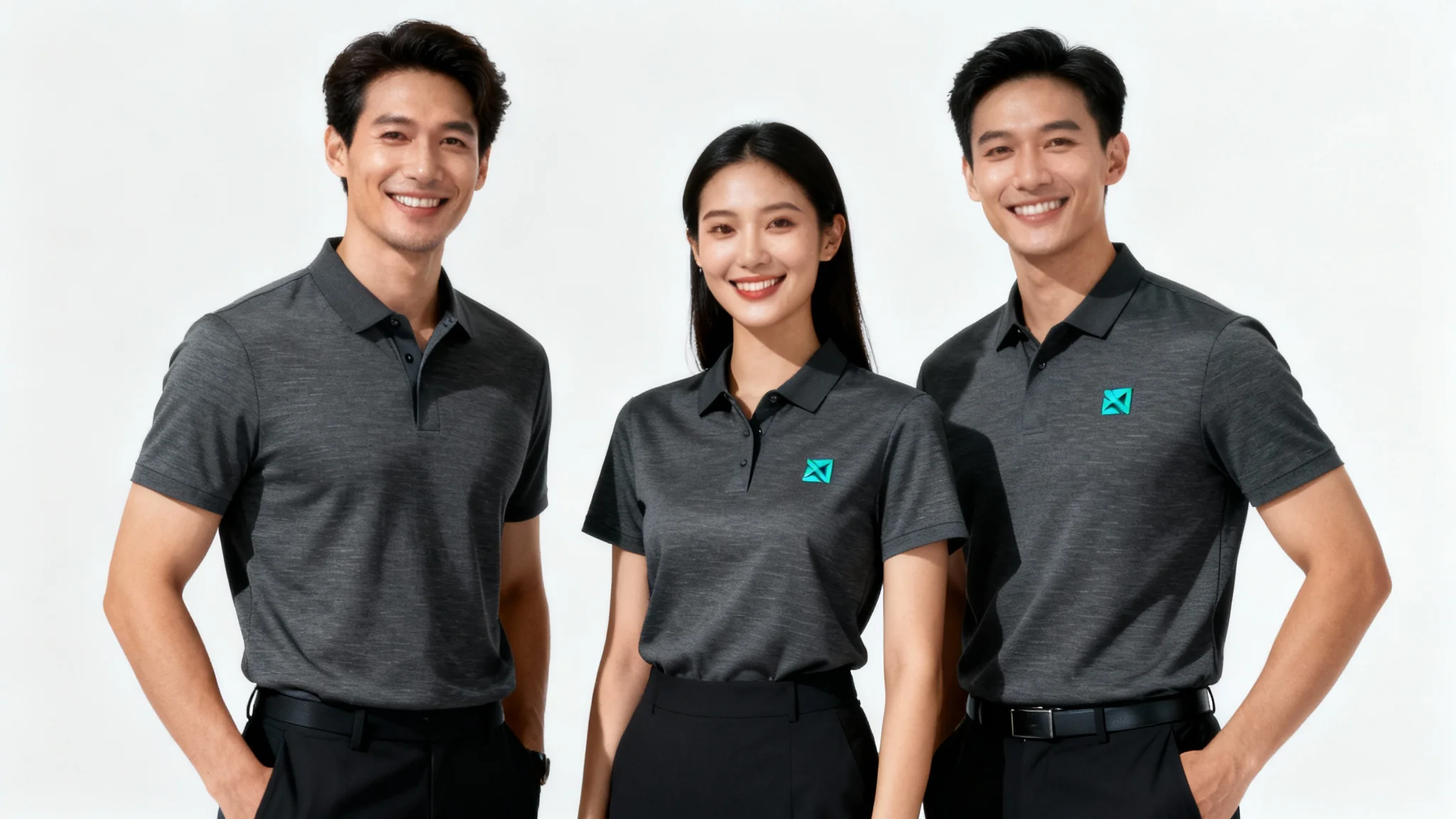 A diverse team of three professionals in modern, dark gray polo shirt uniforms smiling confidently against a plain white background.