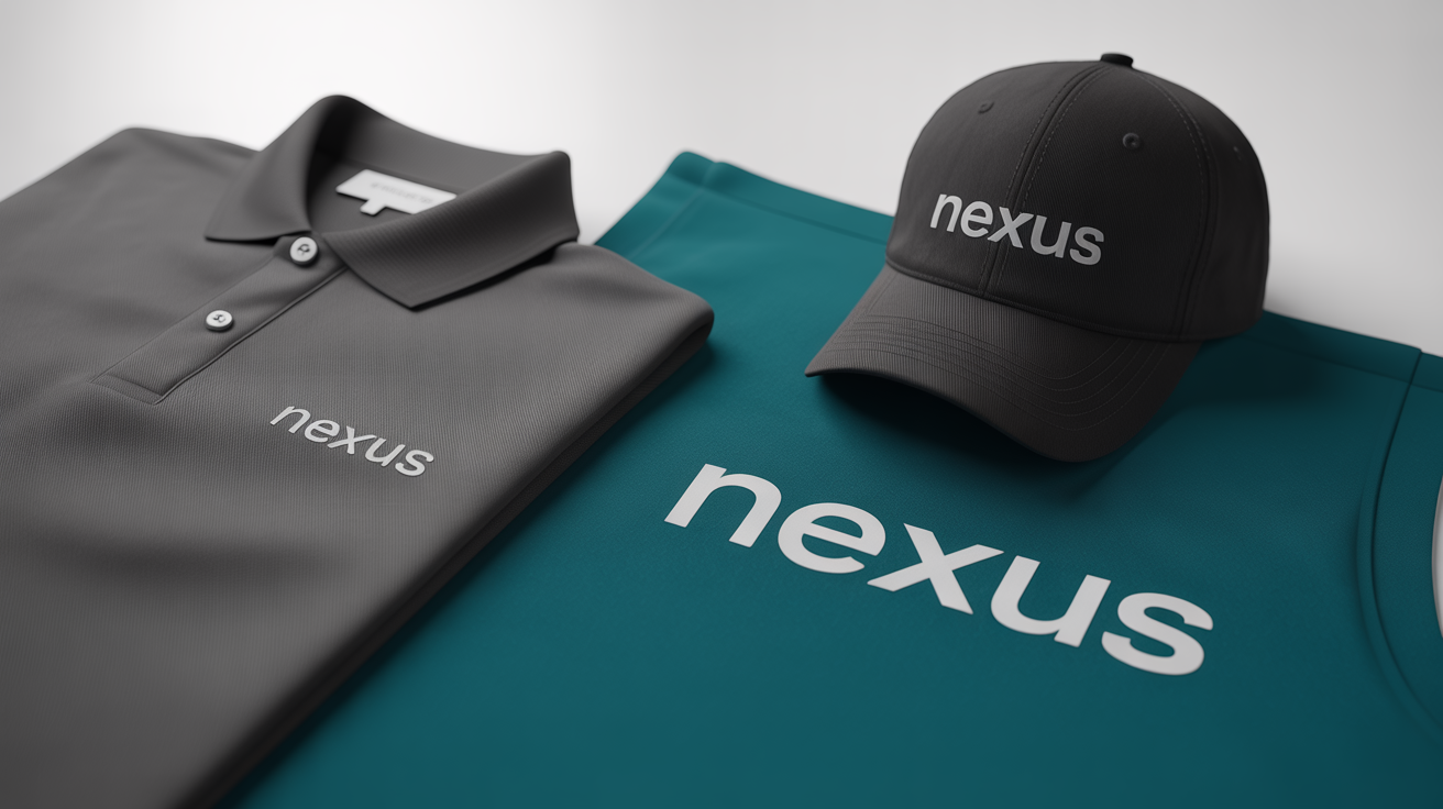 A flat lay mockup of a company uniform set on a white background, featuring a gray polo shirt, a black cap, and a teal apron, all with the fictional brand name 'NEXUS' embroidered in white.