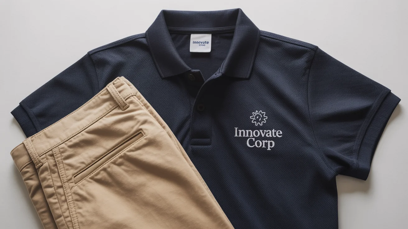 A professional flat lay of a work uniform, showing a navy blue polo shirt with an 'Innovate Corp' logo and khaki trousers on a clean white background.