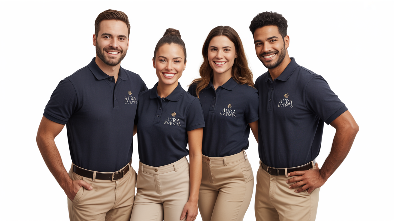 A diverse group of four professional event staff members wearing matching navy blue polo shirts with a fictional 'AURA Events' logo, standing against a clean white background.