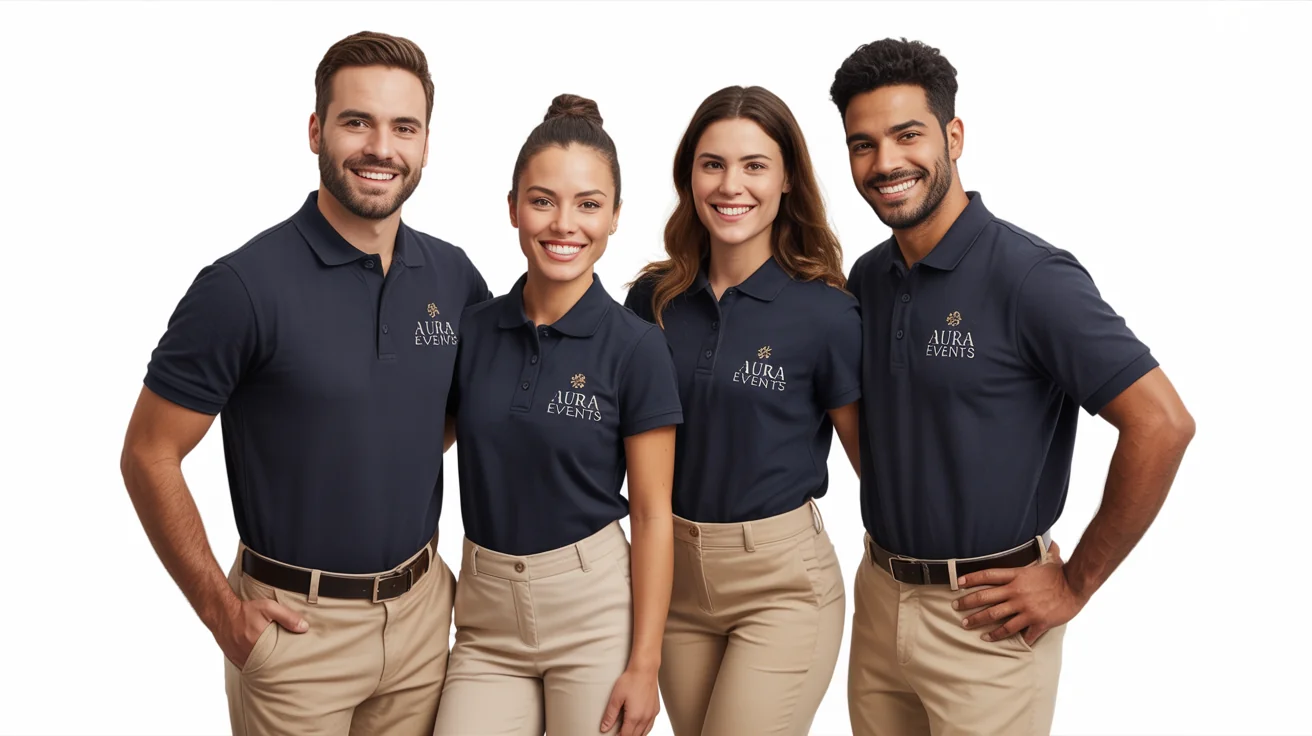 A diverse group of four professional event staff members wearing matching navy blue polo shirts with a fictional 'AURA Events' logo, standing against a clean white background.