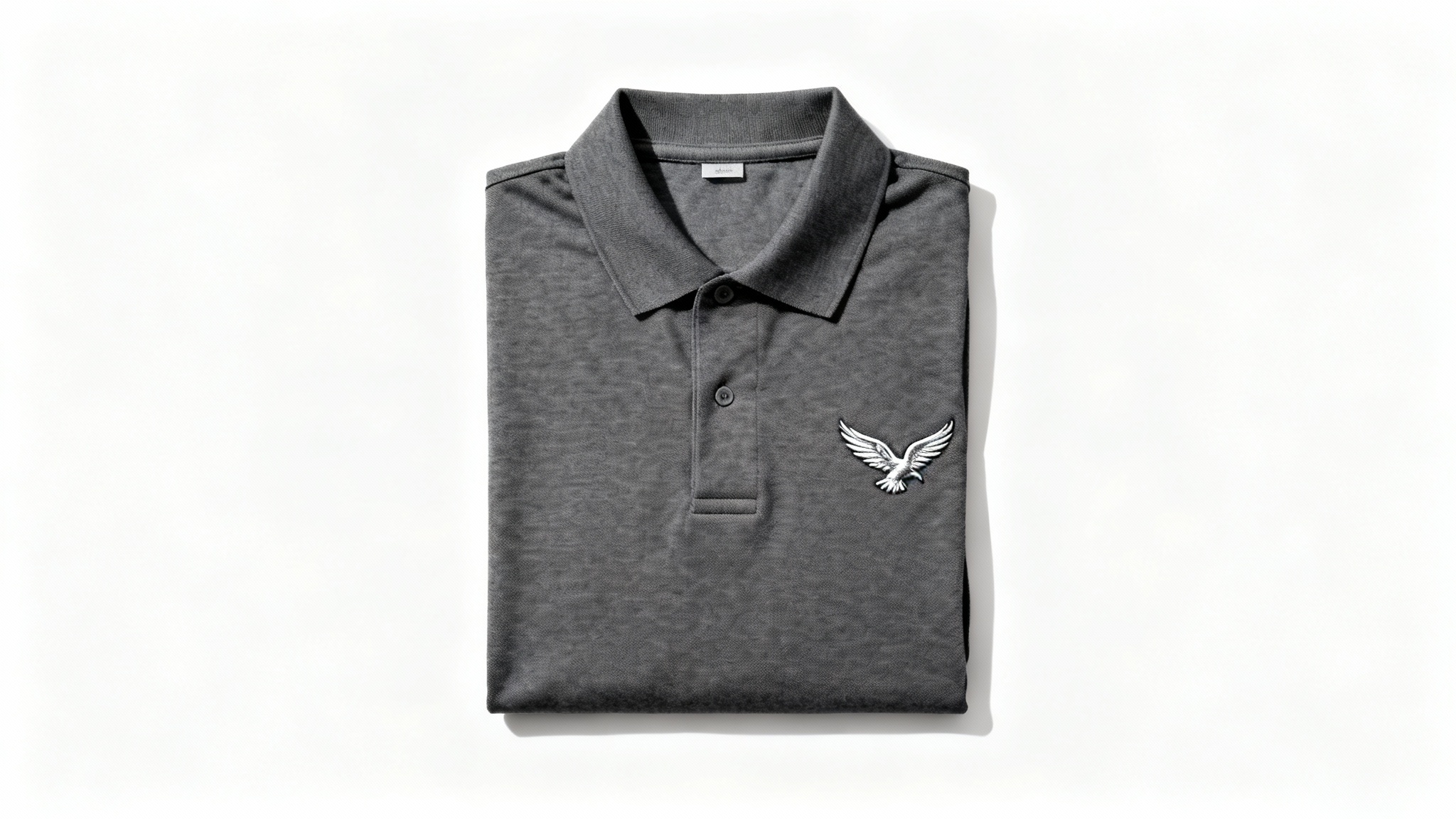 A high-quality product photo of a folded dark gray polo shirt uniform with a silver eagle logo embroidered on the chest, displayed against a clean white background.