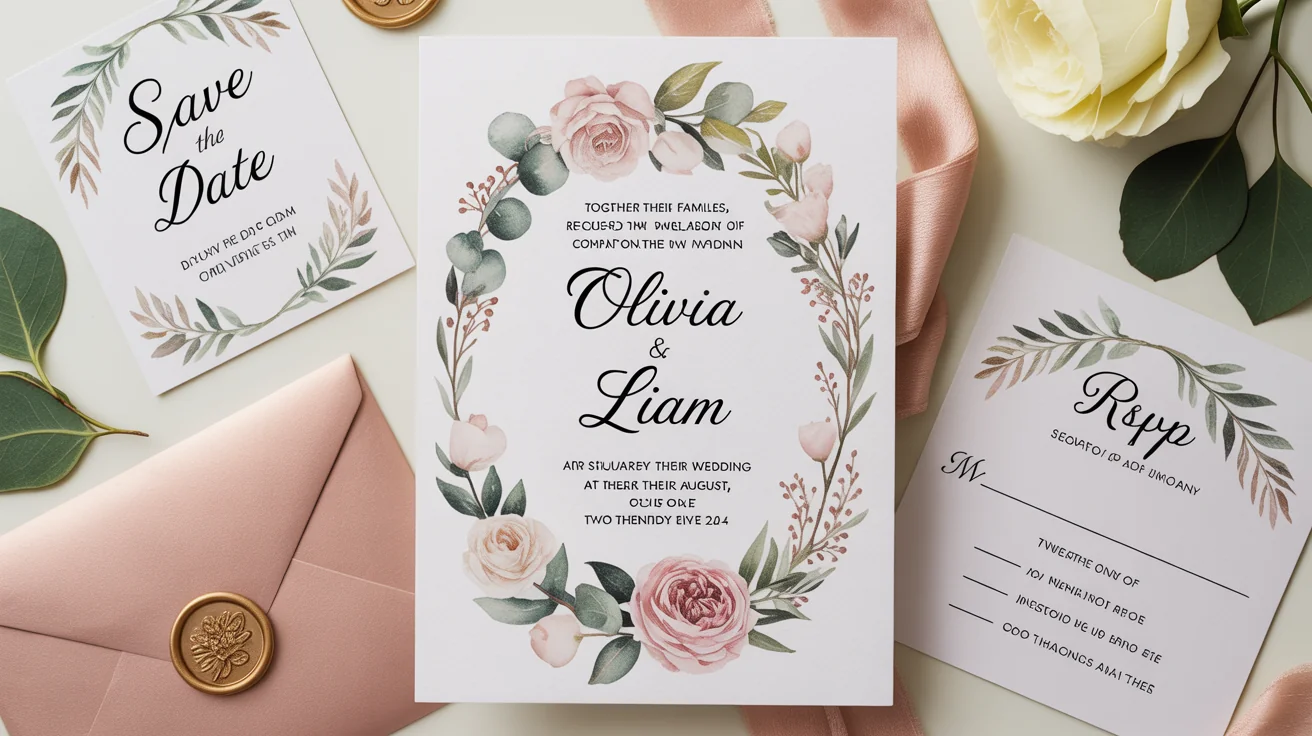 An elegant flat lay of custom wedding stationery. An invitation for 'Olivia & Liam' is surrounded by a save-the-date card, RSVP card, a dusty rose envelope, a silk ribbon, and flowers on a clean white background.