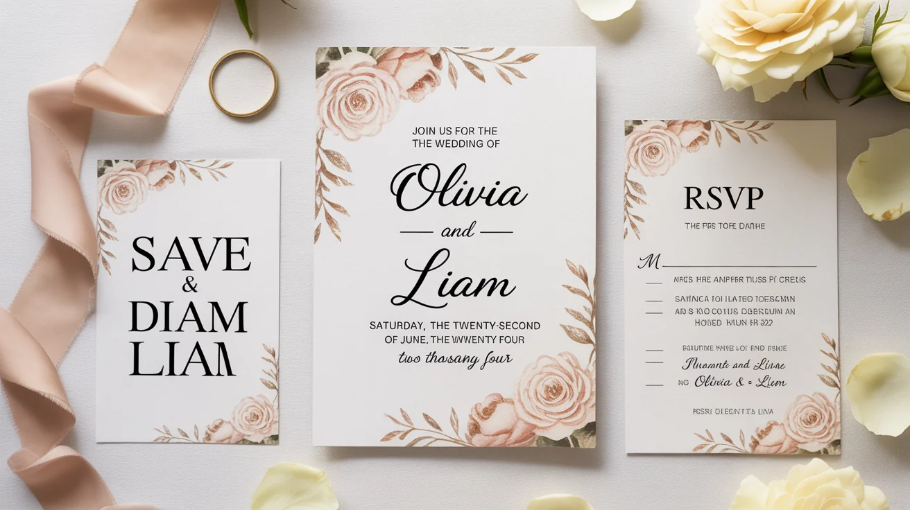 A beautiful flat lay of a custom wedding invitation suite with floral designs and gold accents, displayed on a white background.