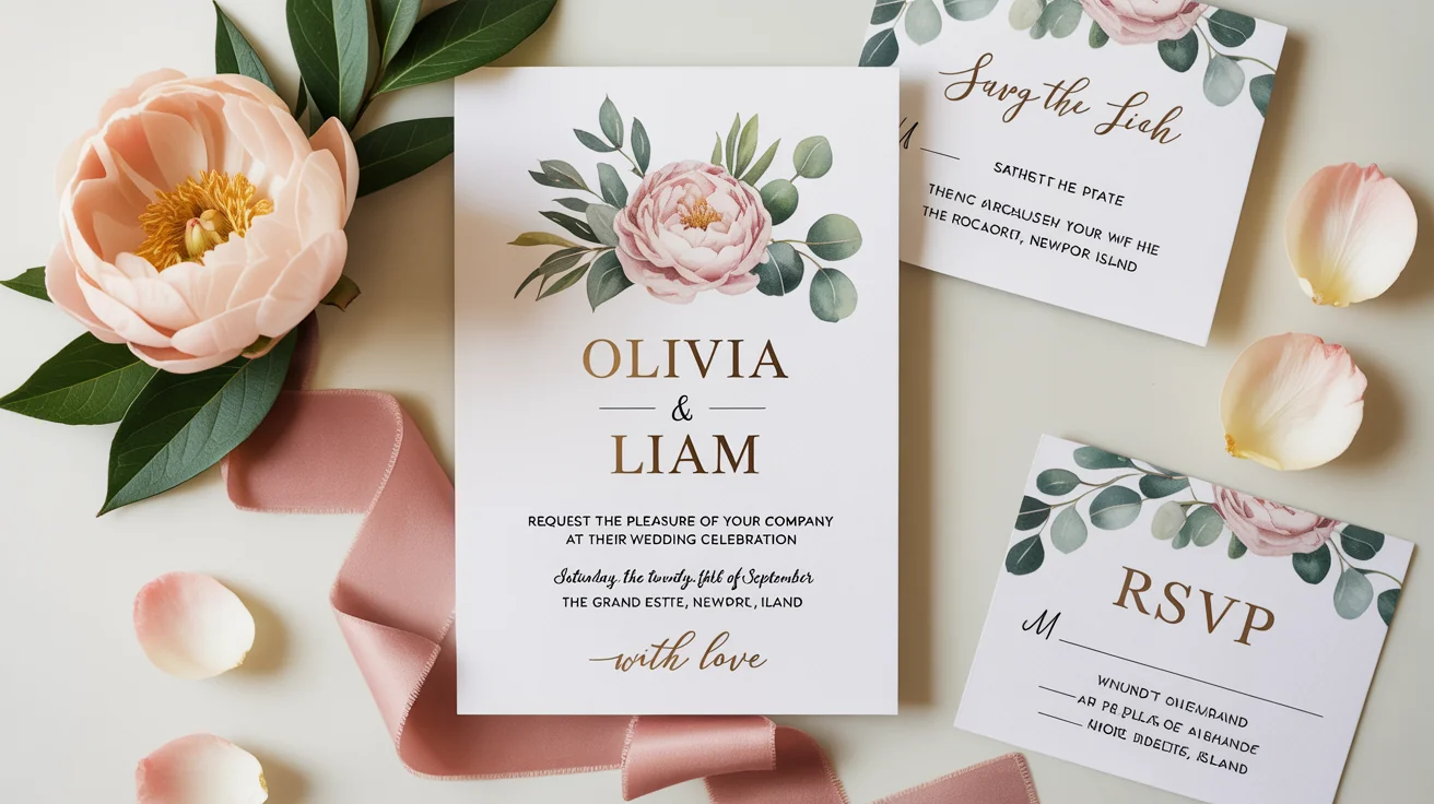 An elegant flat lay of custom wedding stationery, including an invitation, save-the-date, and RSVP card, decorated with floral designs, gold foil, and a silk ribbon on a white background.