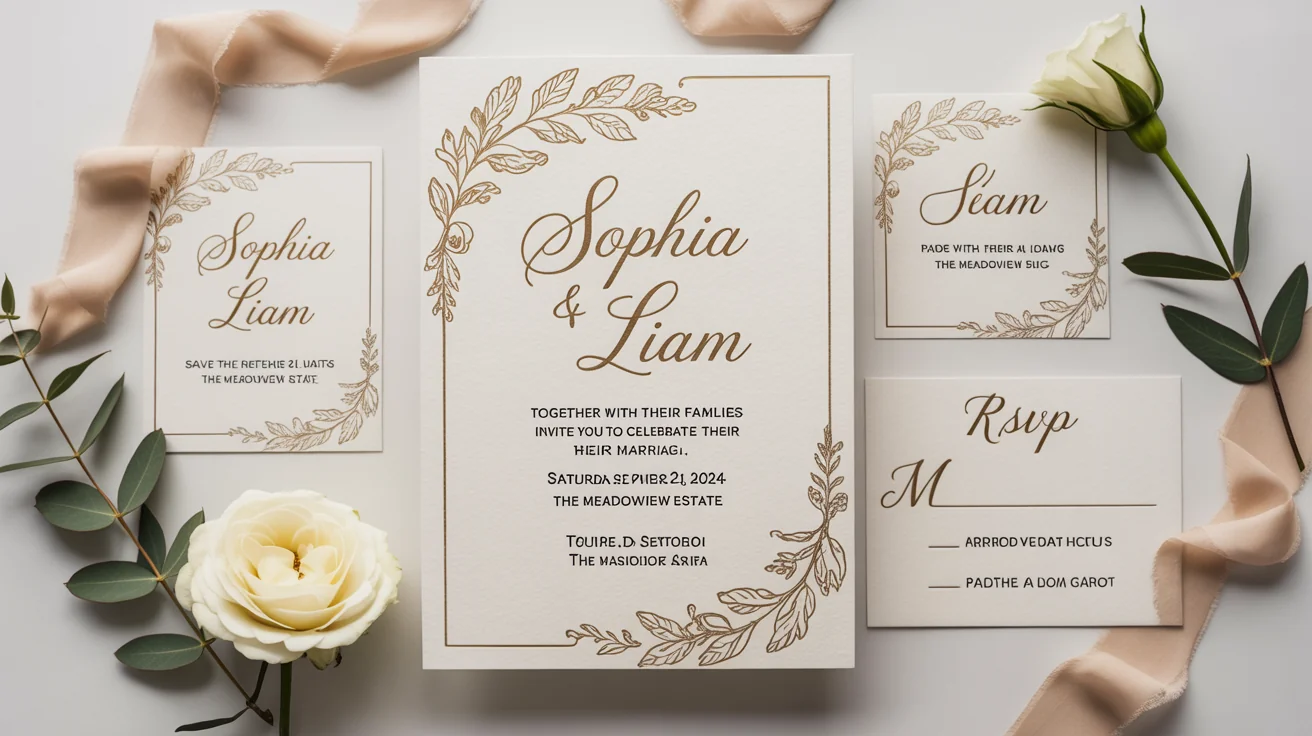An elegant flat lay of a custom wedding invitation suite, featuring an invitation for 'Sophia & Liam', a save-the-date, and an RSVP card, tastefully arranged with a white rose and eucalyptus on a clean white background.
