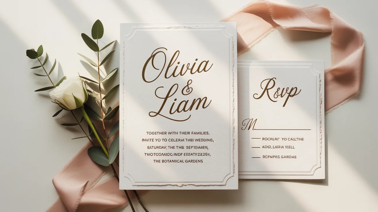 An elegant flat lay of a wedding invitation suite on a white background, featuring an invitation with gold foil text for 'Olivia & Liam', an RSVP card, and a save-the-date, decorated with a pink ribbon and a white rose.