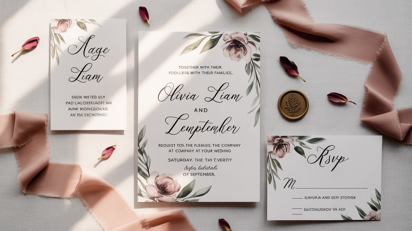 An elegant flat lay of a custom wedding invitation suite on a white background. The stationery features floral watercolor designs and script typography, and is arranged with a pink silk ribbon and a wax seal.