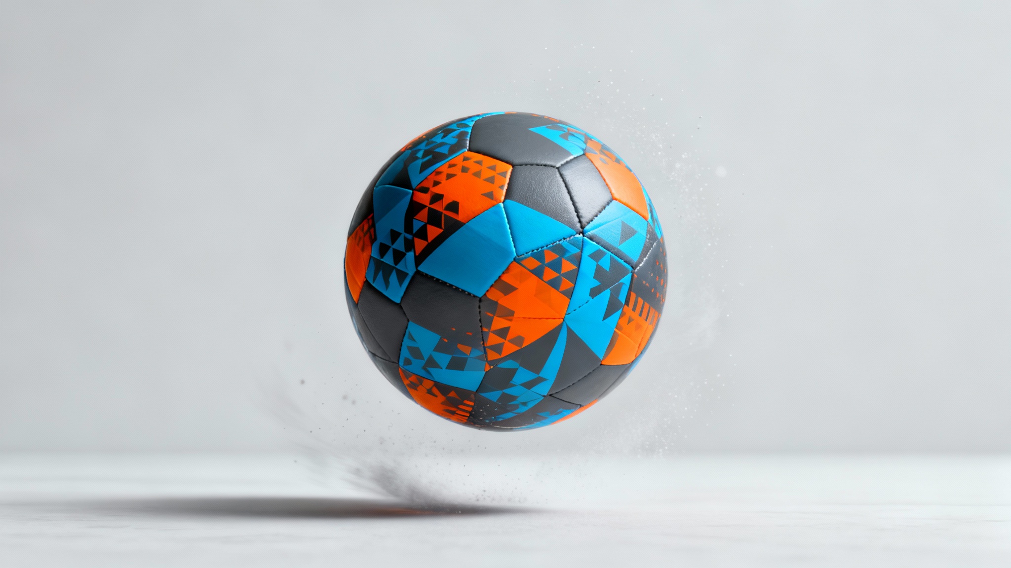 A close-up, dynamic shot of a custom-designed soccer ball with a modern blue and orange geometric pattern, frozen in mid-air against a minimalist gray background.