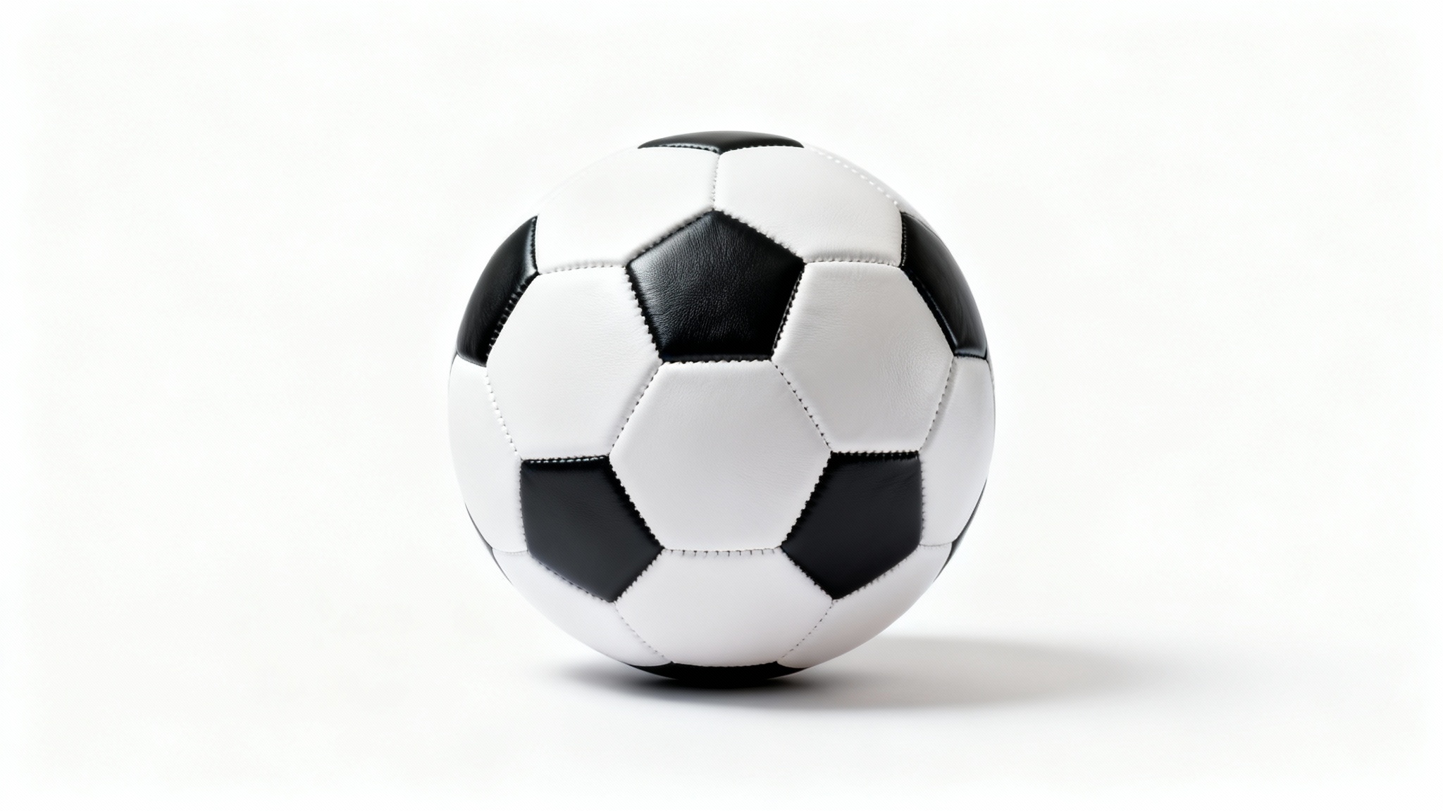 A photorealistic image of a classic black and white soccer ball, shot in a professional studio setting against a clean white background.