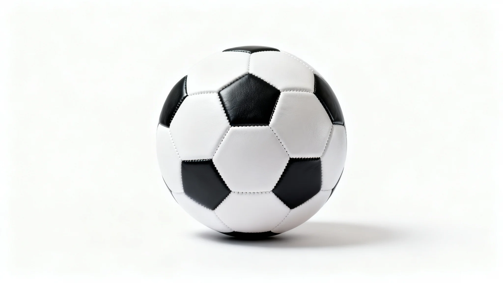 A photorealistic image of a classic black and white soccer ball, shot in a professional studio setting against a clean white background.