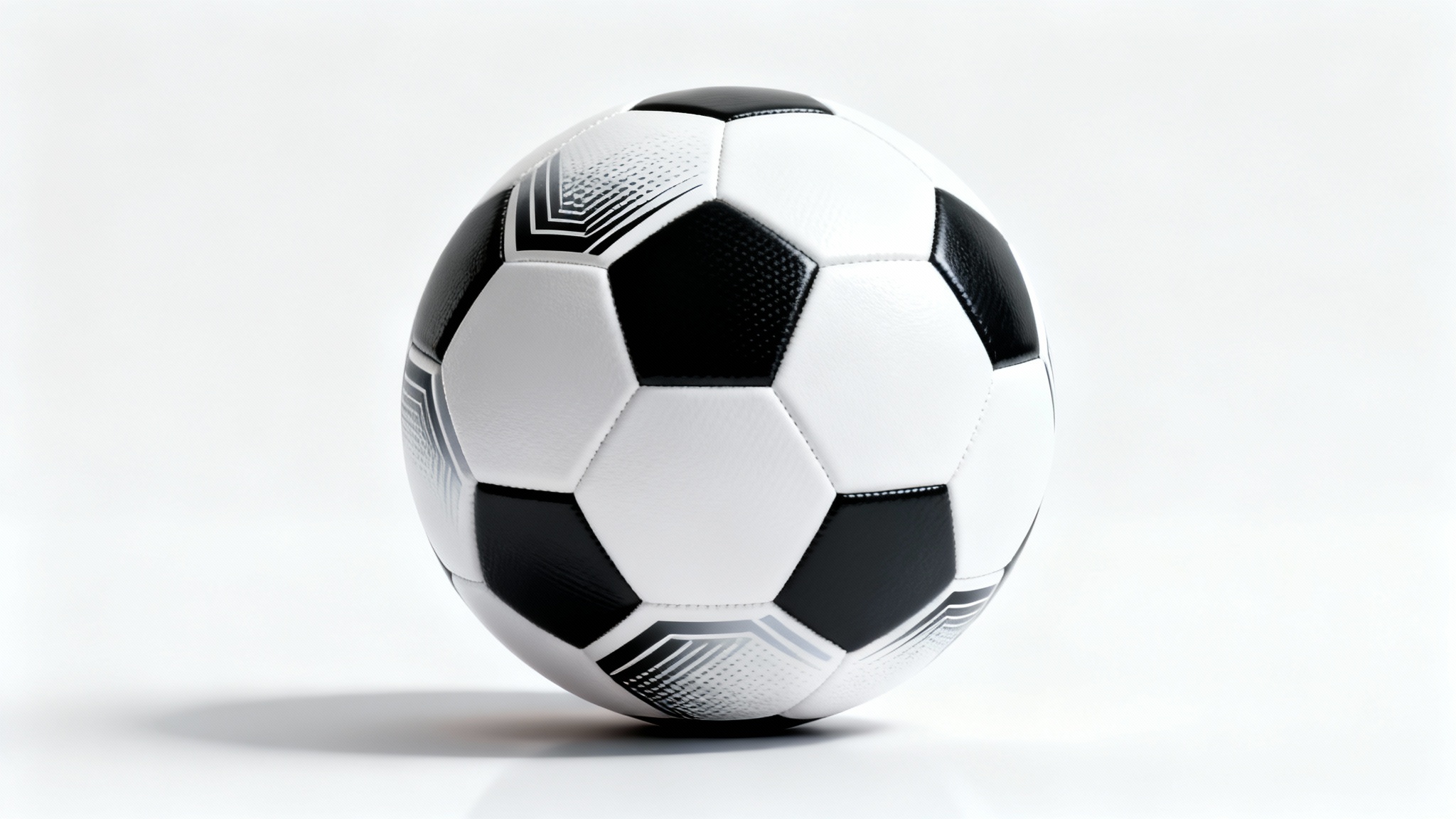 A close-up studio shot of a modern black and white soccer ball resting on a reflective white surface against a plain white background, highlighting its texture and design.