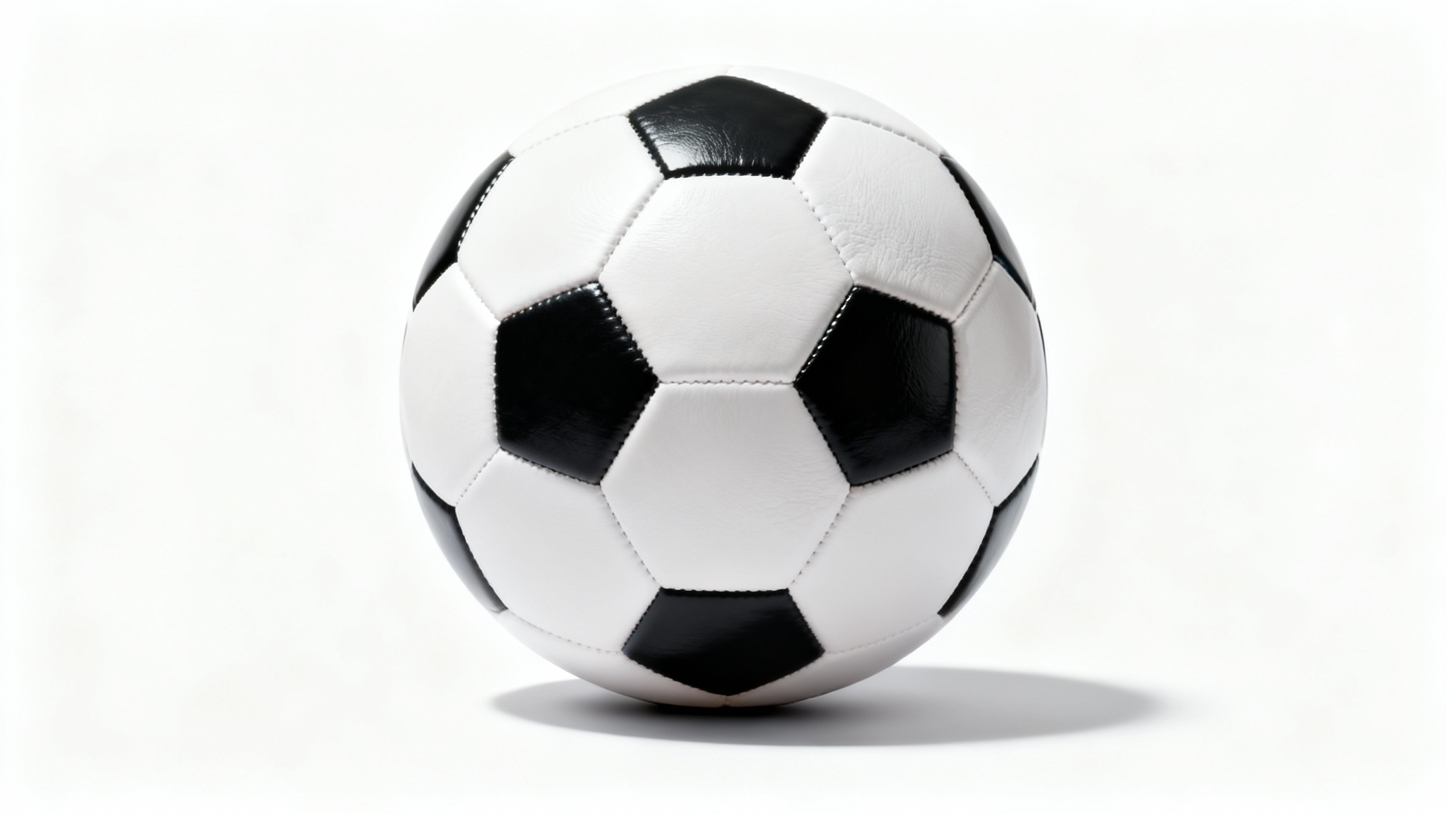 A high-resolution product shot of a classic black and white soccer ball positioned in the center against a stark white background.