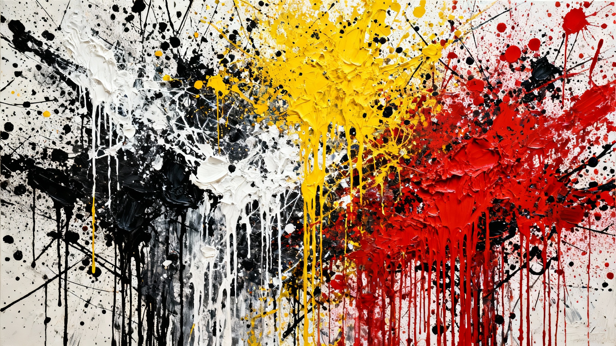 An eye-catching abstract painting in the style of Jackson Pollock, featuring a chaotic and energetic mix of black, white, yellow, and red paint splatters and drips on a canvas.