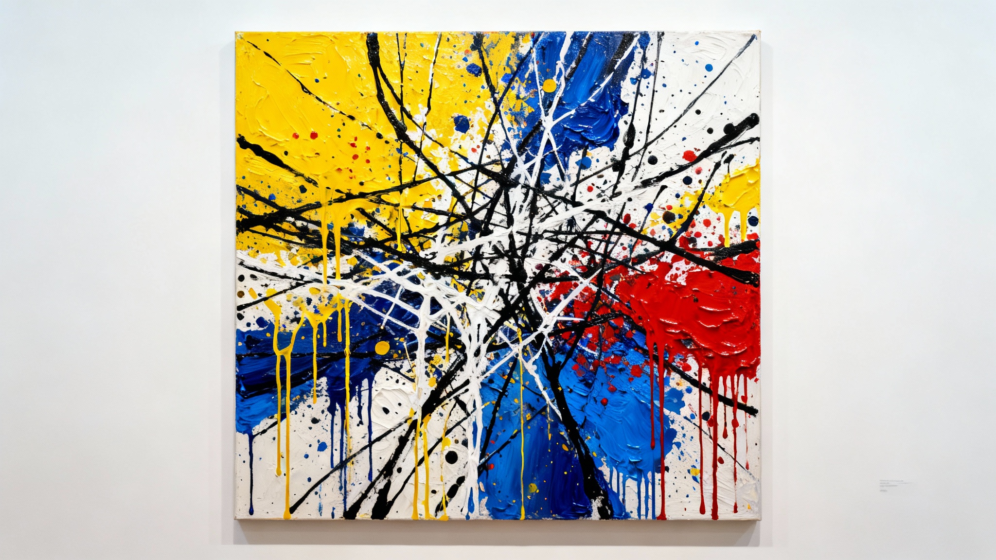 An abstract painting created in the iconic drip-and-splatter style of Jackson Pollock, showcasing a dynamic mix of black, white, red, yellow, and blue paint on a canvas, isolated against a plain white background.