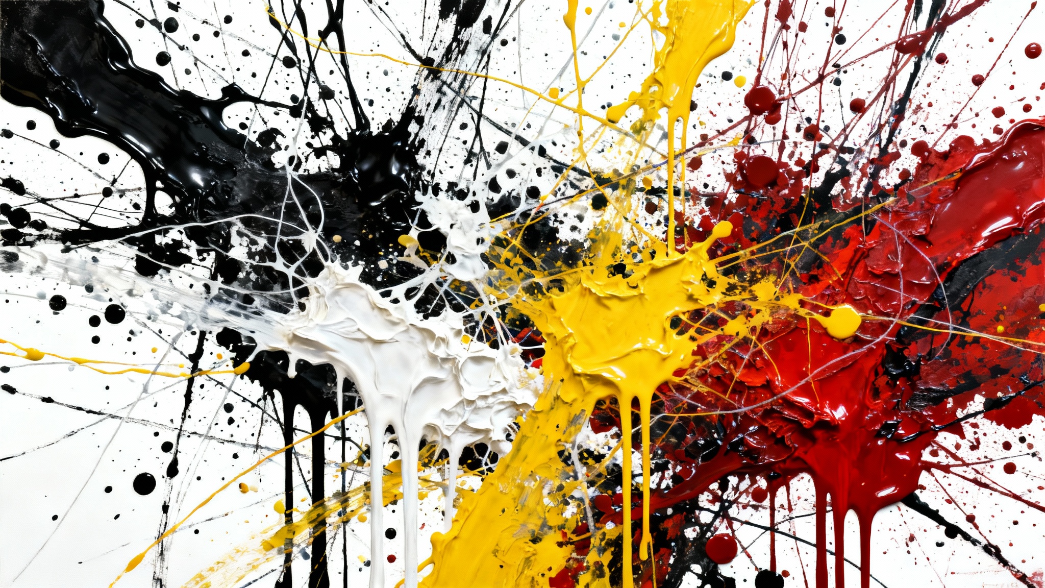An abstract painting in the style of Jackson Pollock, featuring a chaotic but harmonious web of black, white, and yellow paint splatters with accents of red, on a clean white background.