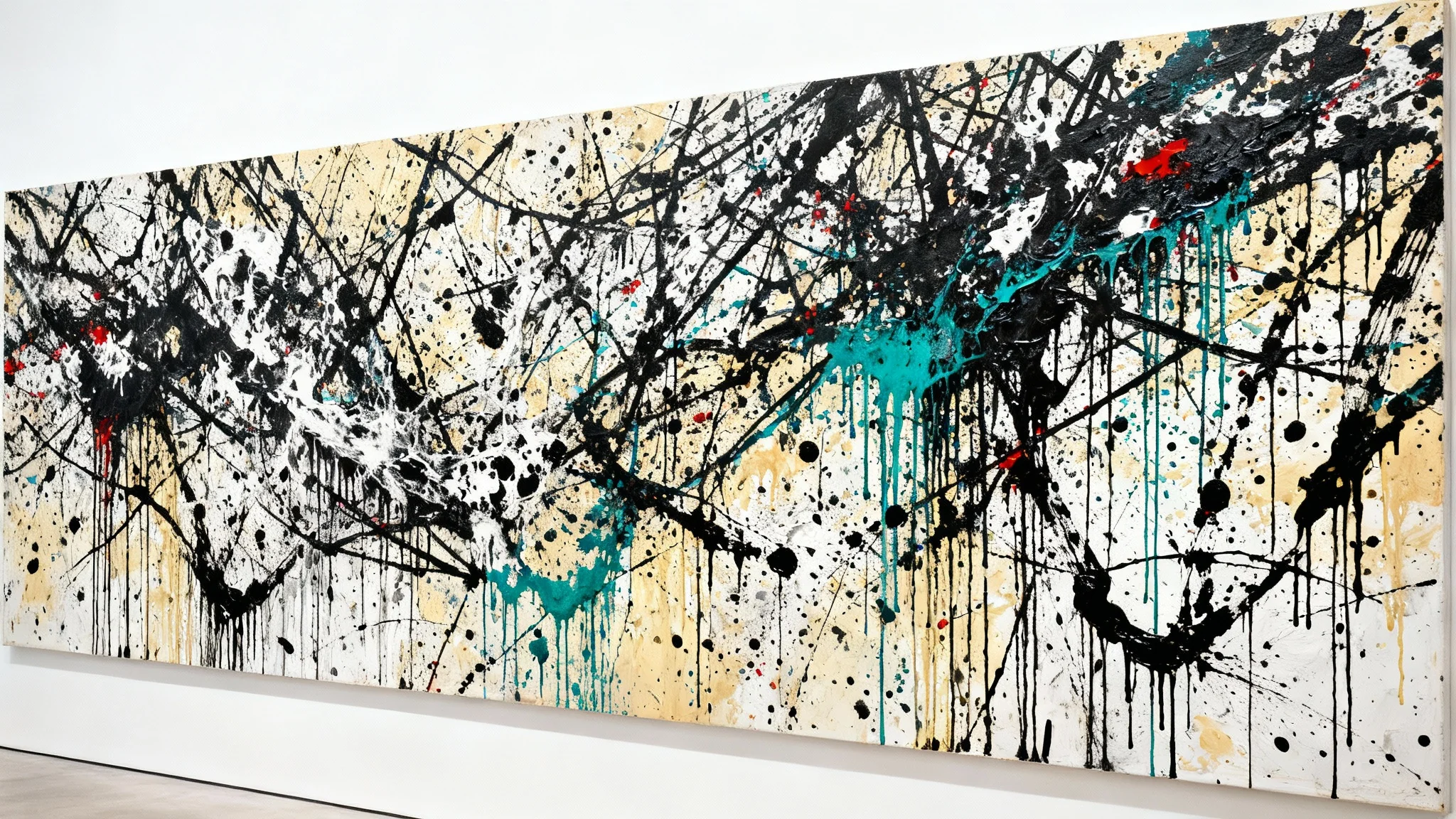 A vibrant abstract painting in the style of Jackson Pollock, featuring a complex network of dripped and splattered black, white, ochre, and teal paint on a canvas, presented against a clean white background.