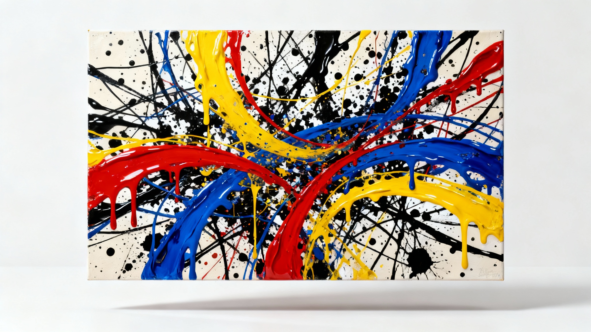 A vibrant abstract expressionist painting in the style of Jackson Pollock, featuring a complex web of red, yellow, blue, black, and white paint drips and splatters on a canvas.