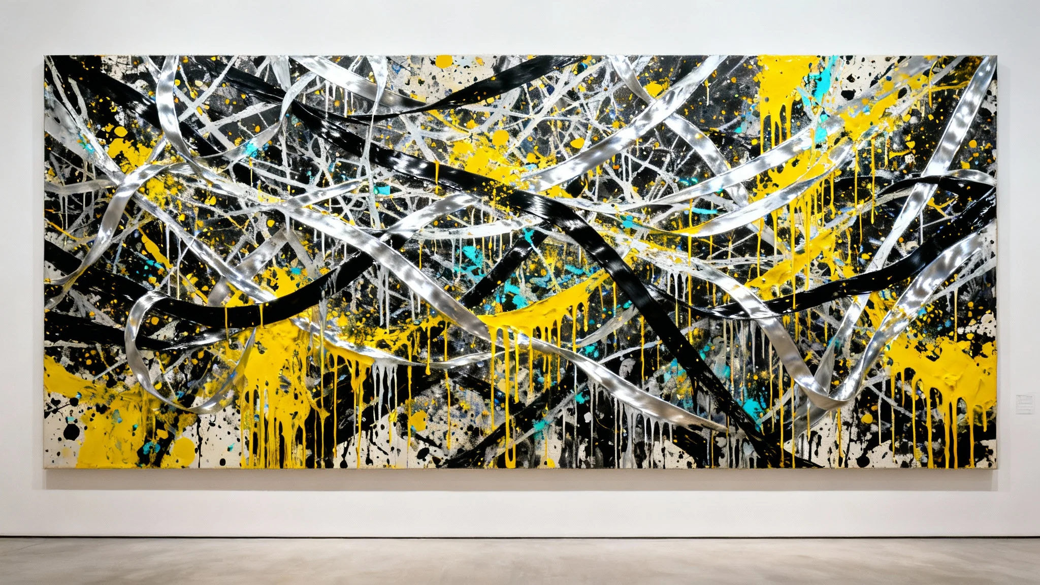 An abstract expressionist painting in the style of Jackson Pollock, with a chaotic yet beautiful arrangement of black, white, and yellow paint splatters and drips on a canvas against a stark white background.