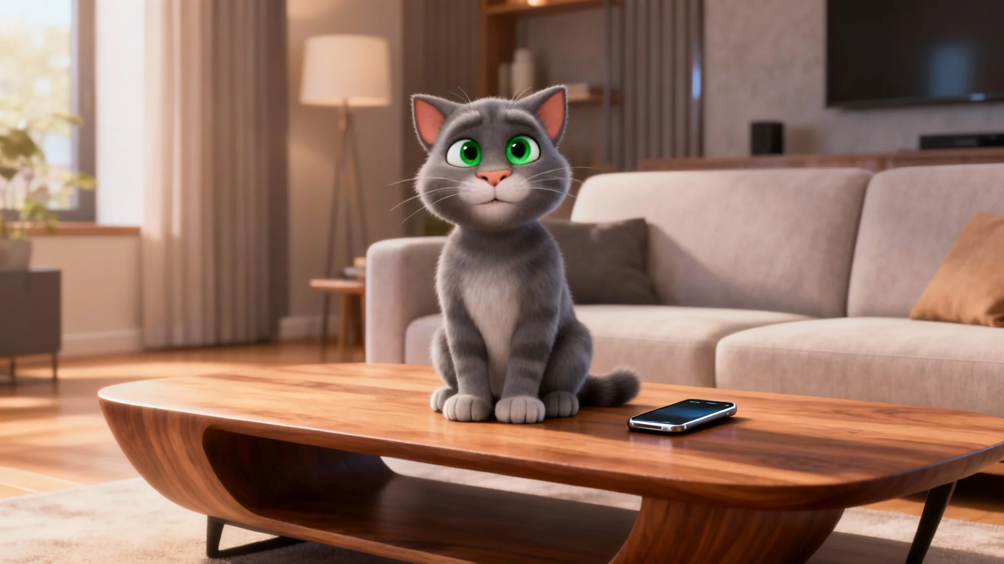 A hyper-realistic 3D render showing the character Talking Tom sitting on a coffee table in a modern living room, demonstrating the final result of placing a 3D model in a realistic scene.