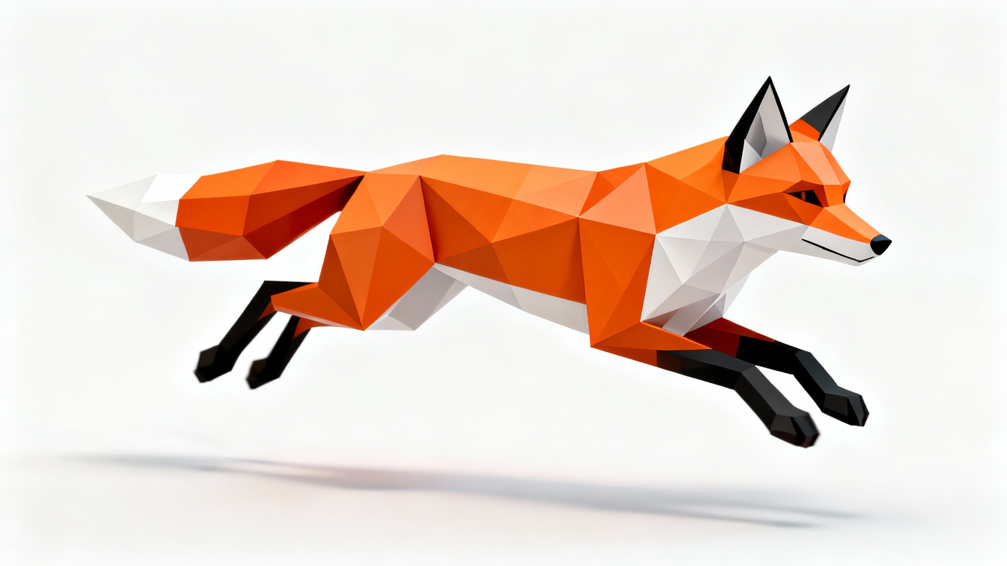A hyperrealistic 3D model of a leaping fox in a low-poly geometric style, featuring vibrant orange and white colors against a clean white background.