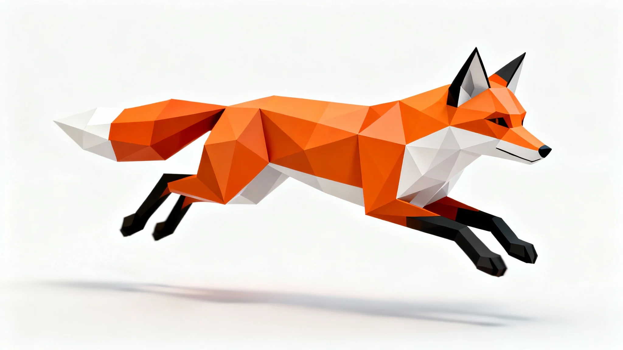 A hyperrealistic 3D model of a leaping fox in a low-poly geometric style, featuring vibrant orange and white colors against a clean white background.