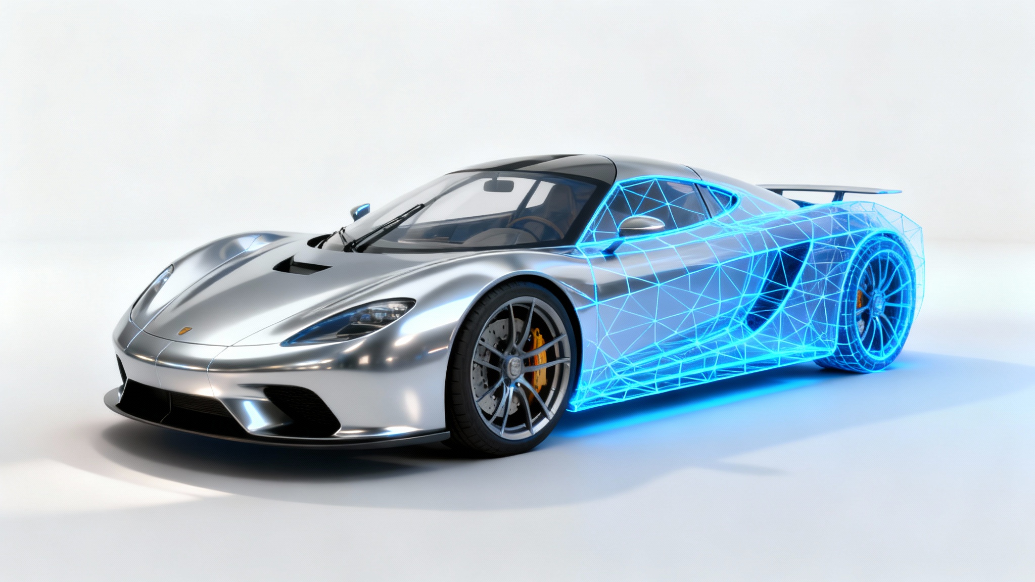 A photorealistic 3D model of a sleek, silver futuristic concept car against a plain white background. Half of the car is shown as a solid object, and the other half is a glowing blue wireframe, illustrating the process of 3D modeling.