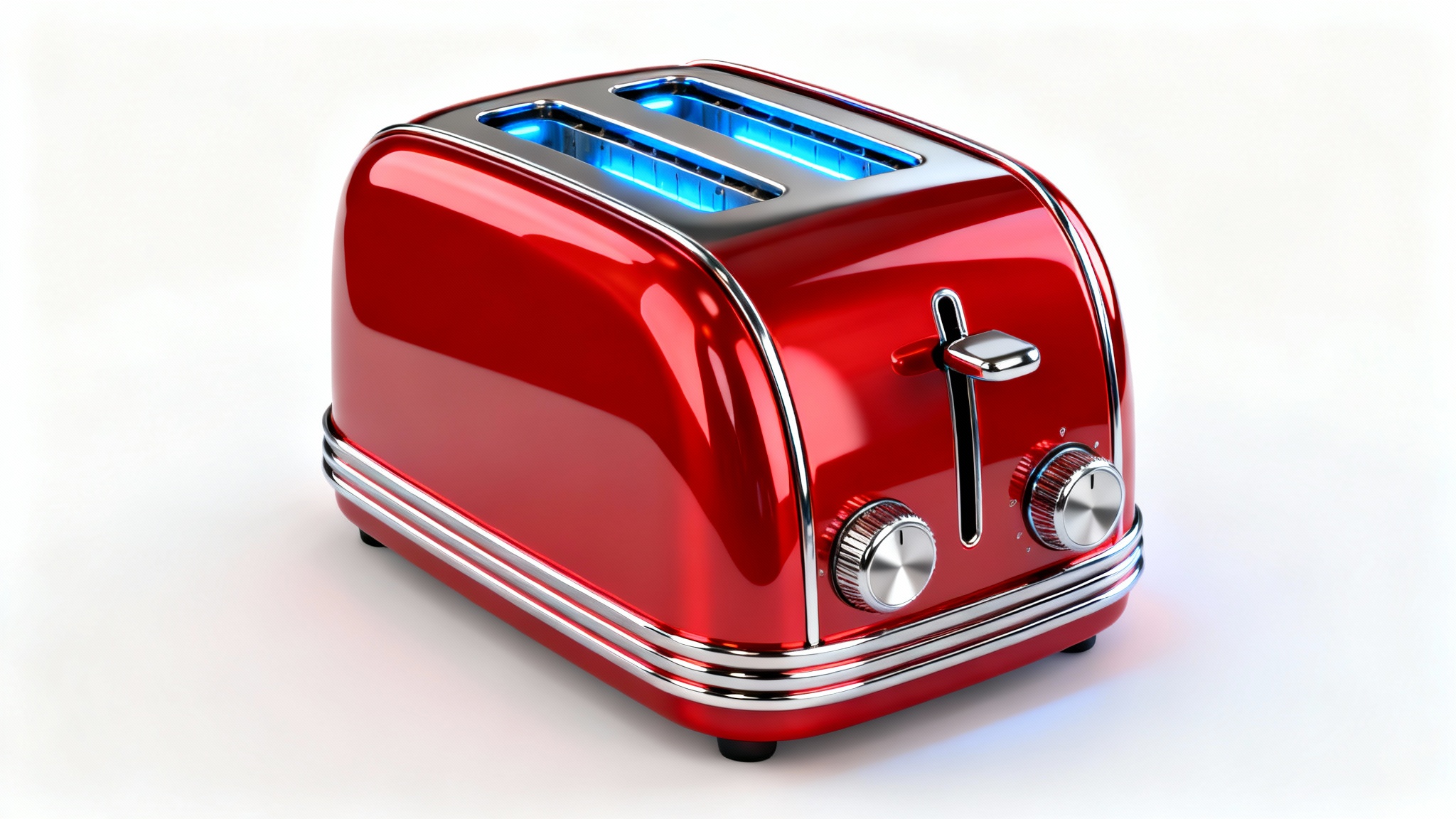 A hyper-realistic 3D model of a retro-futuristic red toaster with chrome details, displayed against a clean white background.