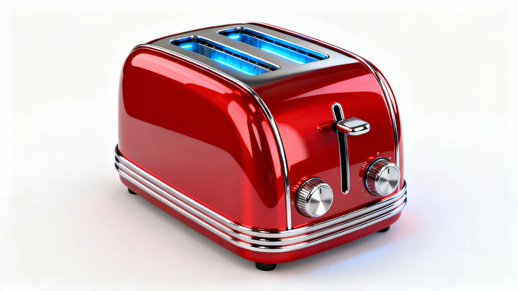 A hyper-realistic 3D model of a retro-futuristic red toaster with chrome details, displayed against a clean white background.