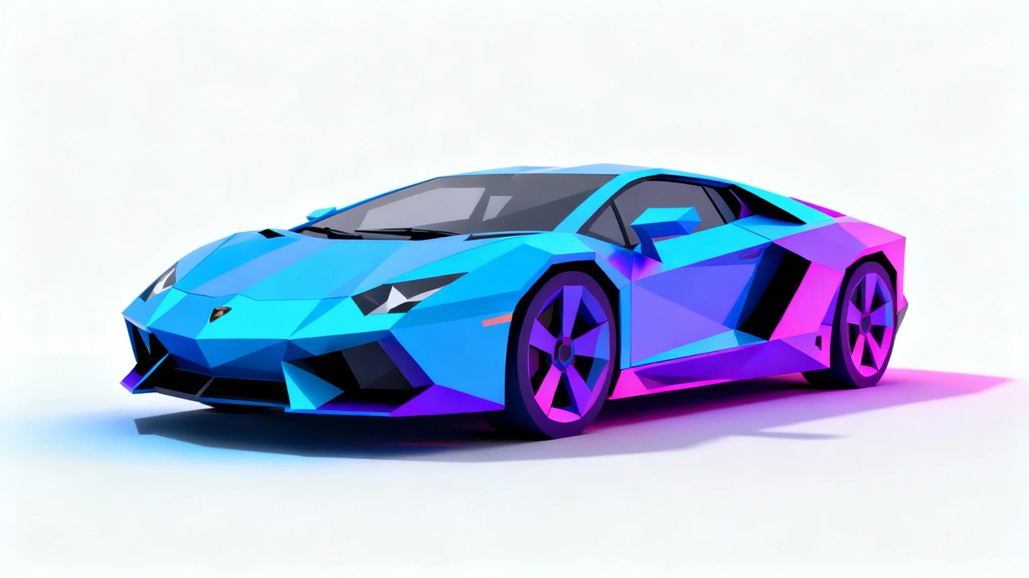 A 3D model of a futuristic, low-poly style sports car in shades of blue and purple, shown on a plain white background.