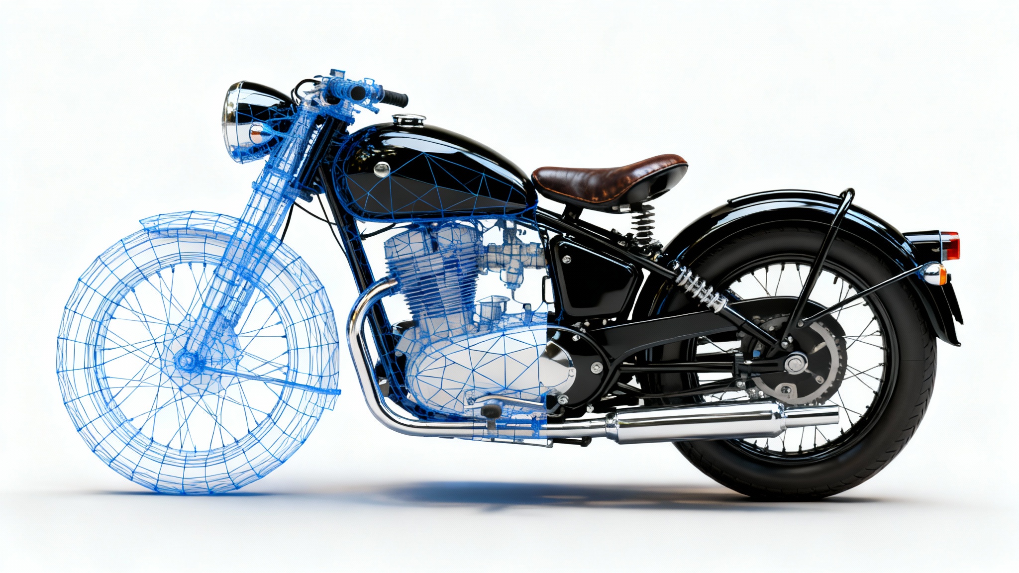 A detailed 3D model of a vintage motorcycle on a white background. The front half is a blue wireframe grid, and the back half is a photorealistic black and chrome render.