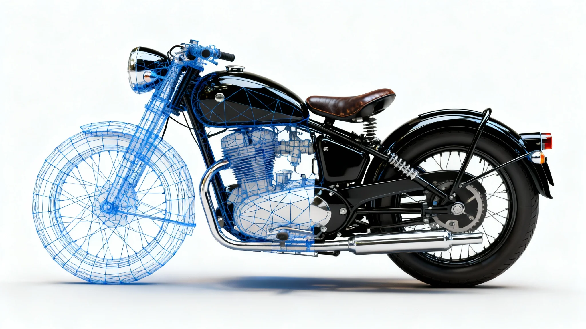 A detailed 3D model of a vintage motorcycle on a white background. The front half is a blue wireframe grid, and the back half is a photorealistic black and chrome render.