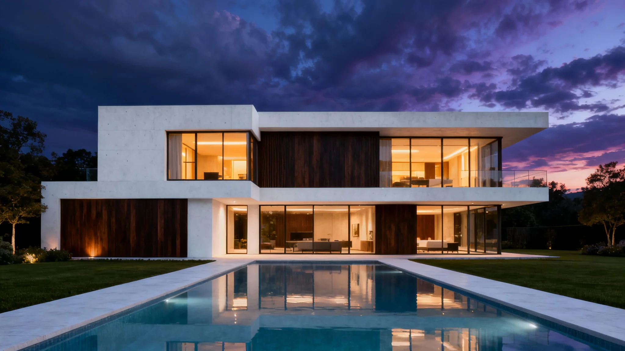 A photorealistic rendering of a modern luxury house at twilight, with glowing interior lights and an infinity pool reflecting the sky.