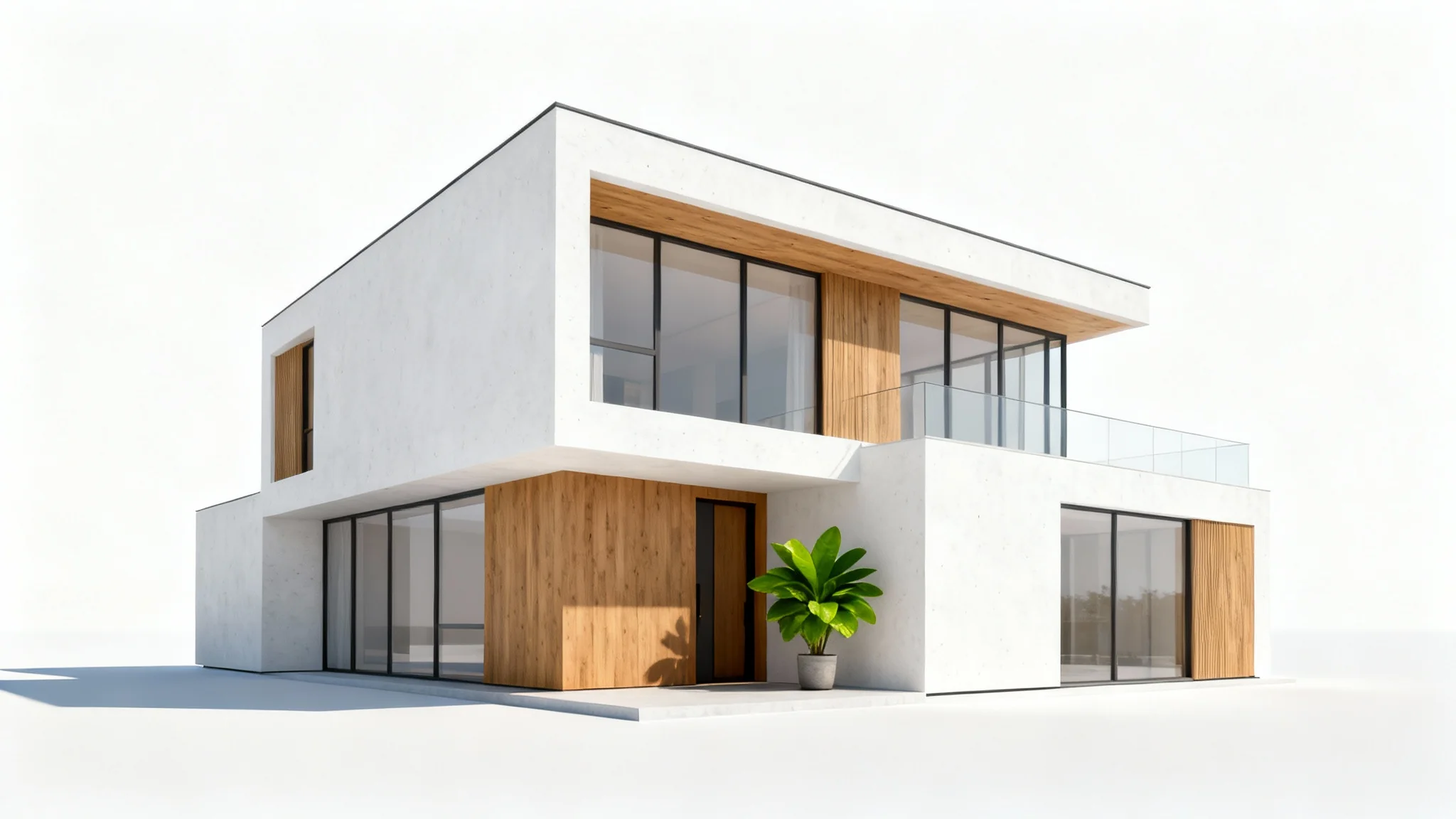 A photorealistic rendering of a modern, two-story minimalist house with wood and concrete textures, isolated on a plain white background.