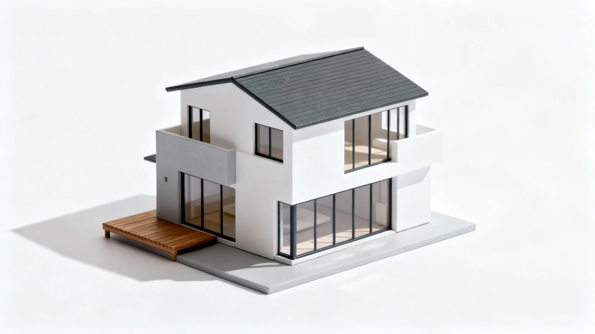 A detailed architectural model of a modern, two-story house with large windows, set against a clean white background.
