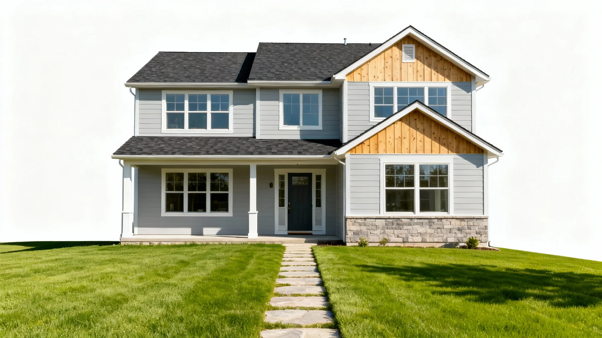A photorealistic mockup of a modern two-story house with a manicured lawn, presented against a stark white background.