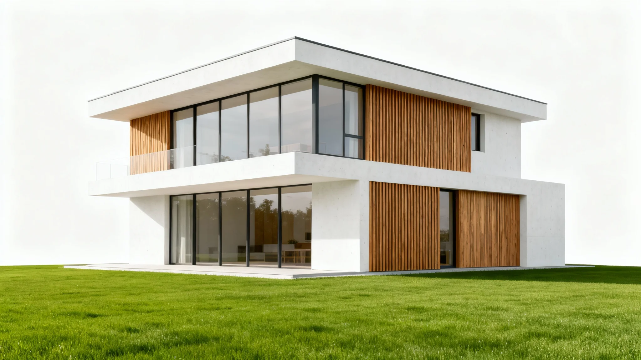 A photorealistic image of a modern two-story house with large windows and wood paneling, presented against a clean white background.