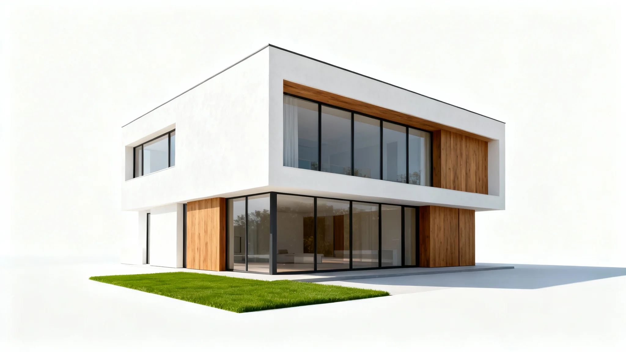 A photorealistic image of a modern two-story house with large windows and wood accents, presented as a mockup against a plain white background.