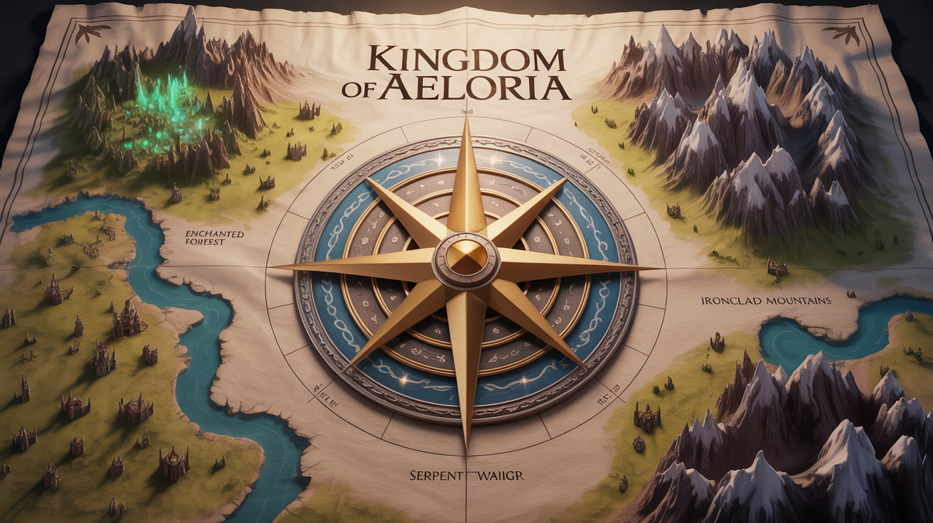 A finished, professionally designed medieval map of the fictional "Kingdom of Aeloria," showcasing the final output from a map creation tool. The map features detailed illustrations, elegant calligraphy, and an aged parchment texture.