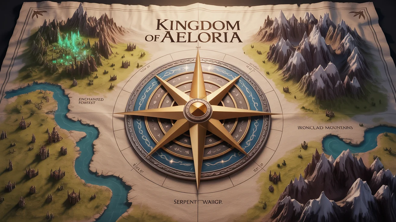 A finished, professionally designed medieval map of the fictional "Kingdom of Aeloria," showcasing the final output from a map creation tool. The map features detailed illustrations, elegant calligraphy, and an aged parchment texture.