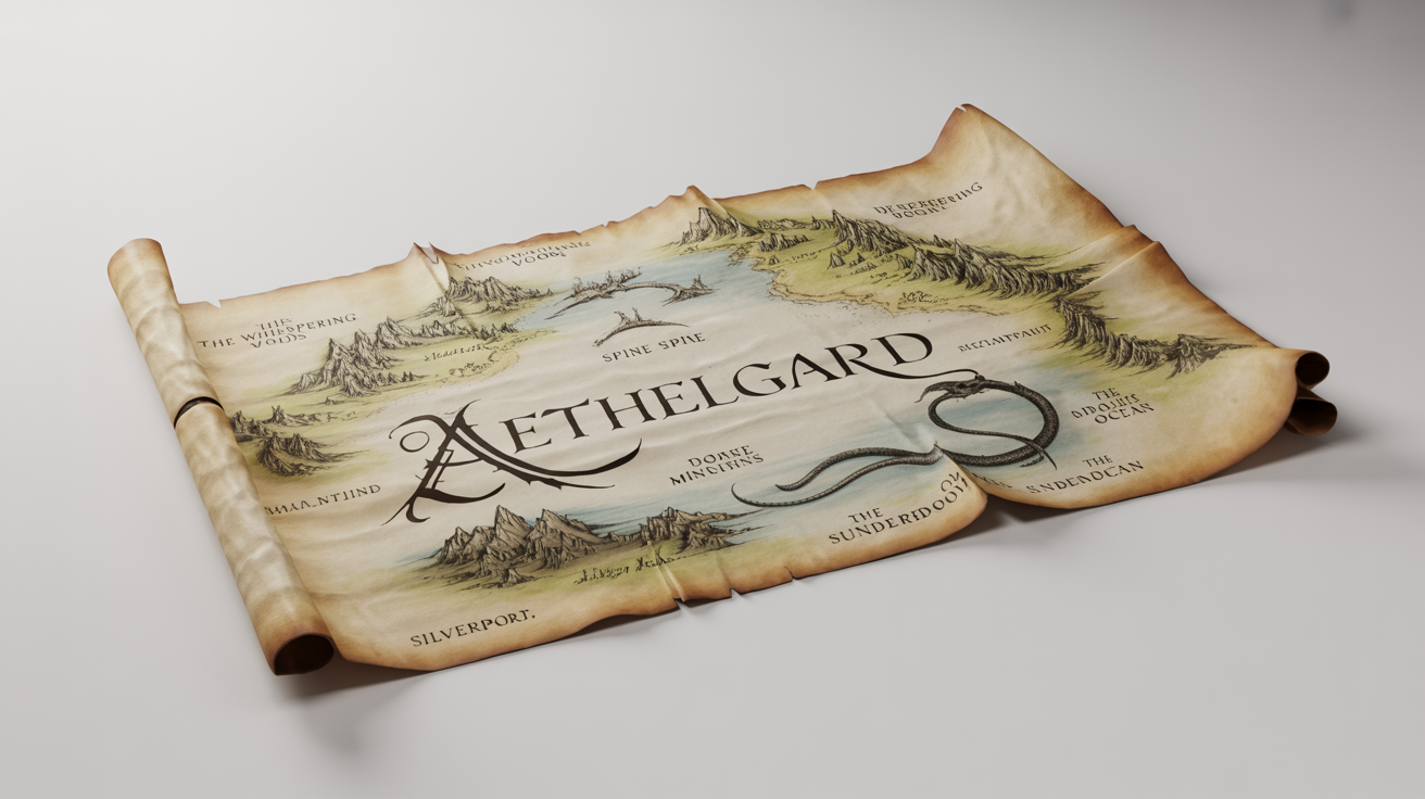 A detailed medieval fantasy map of the fictional land of 'Aethelgard', shown on aged parchment with hand-drawn mountains, forests, and a sea serpent. The map is displayed on a clean white background.