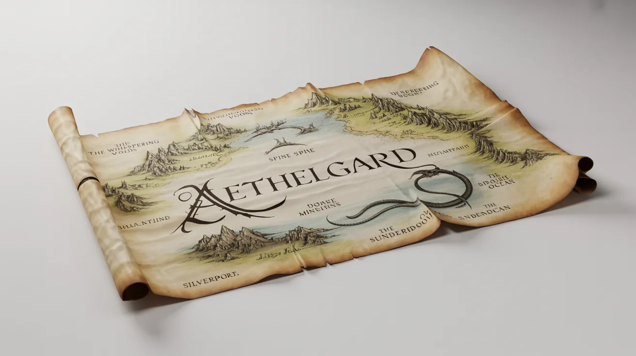 A detailed medieval fantasy map of the fictional land of 'Aethelgard', shown on aged parchment with hand-drawn mountains, forests, and a sea serpent. The map is displayed on a clean white background.