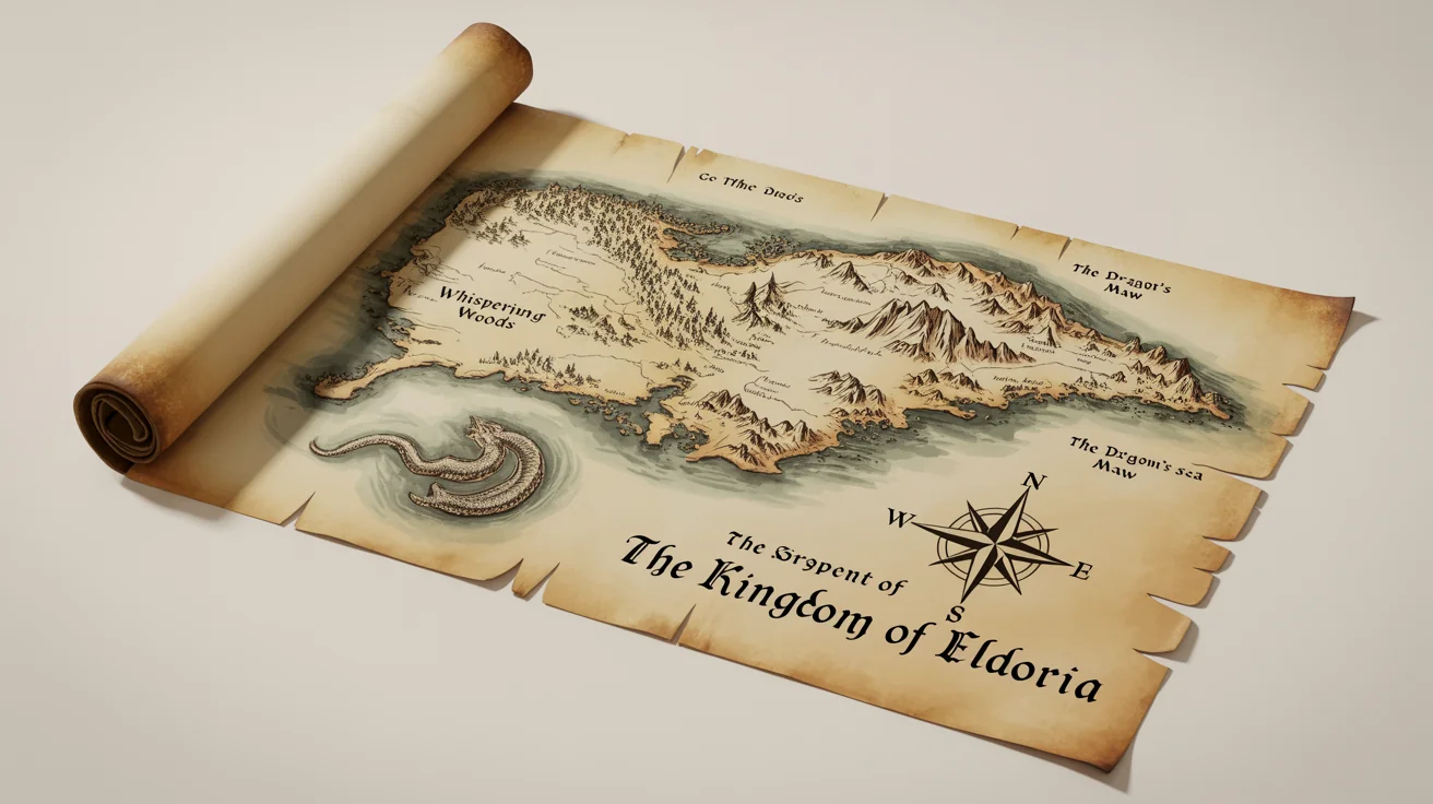 An ancient-looking medieval fantasy map on yellowed parchment, featuring hand-drawn illustrations of mountains, forests, and a sea serpent. Fictional places like 'The Kingdom of Eldoria' are labeled in gothic script, all set against a clean white background.