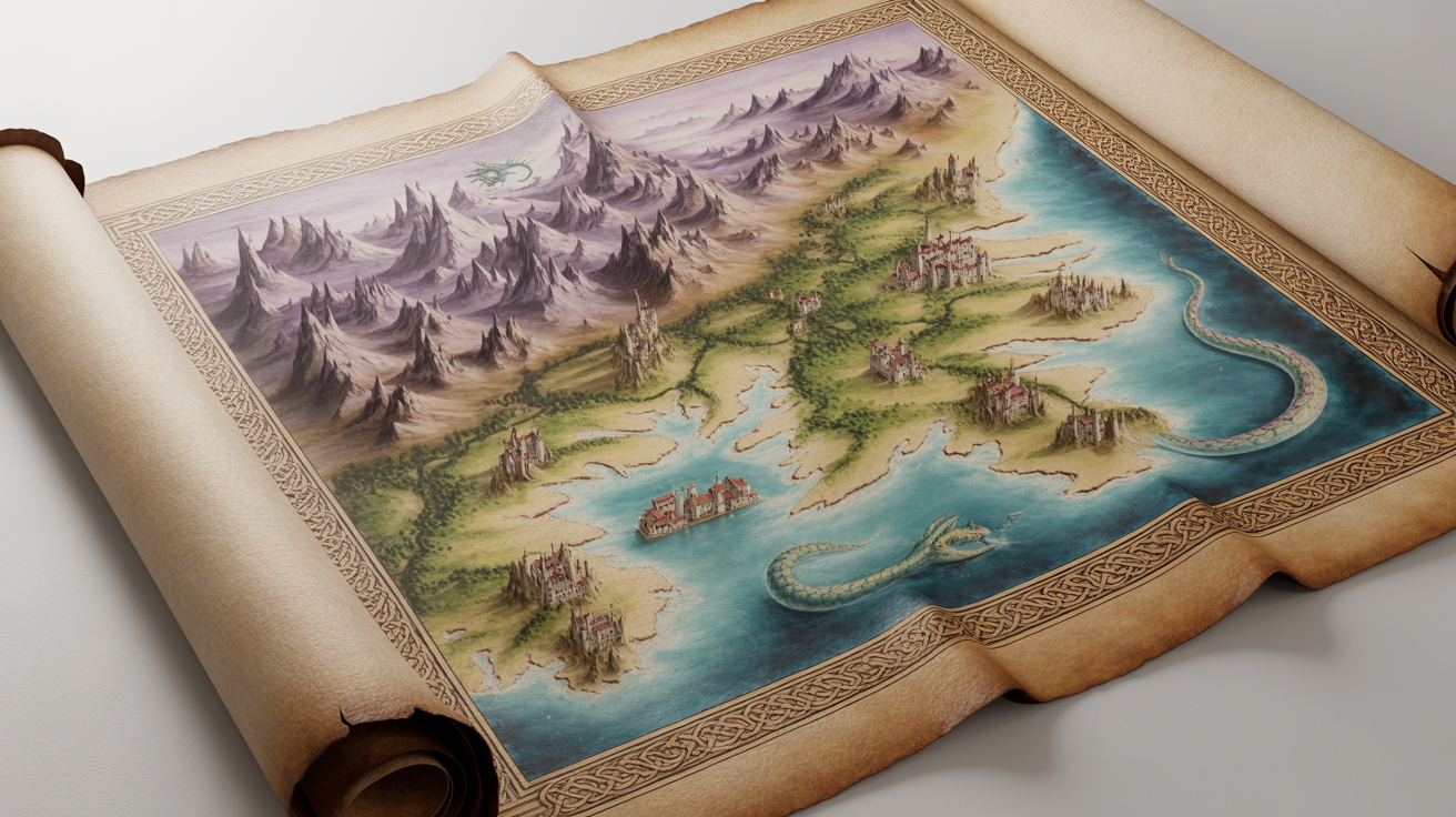 A detailed, hand-drawn medieval fantasy map on aged parchment, showing mountains, forests, castles, and a sea serpent, isolated against a white background.